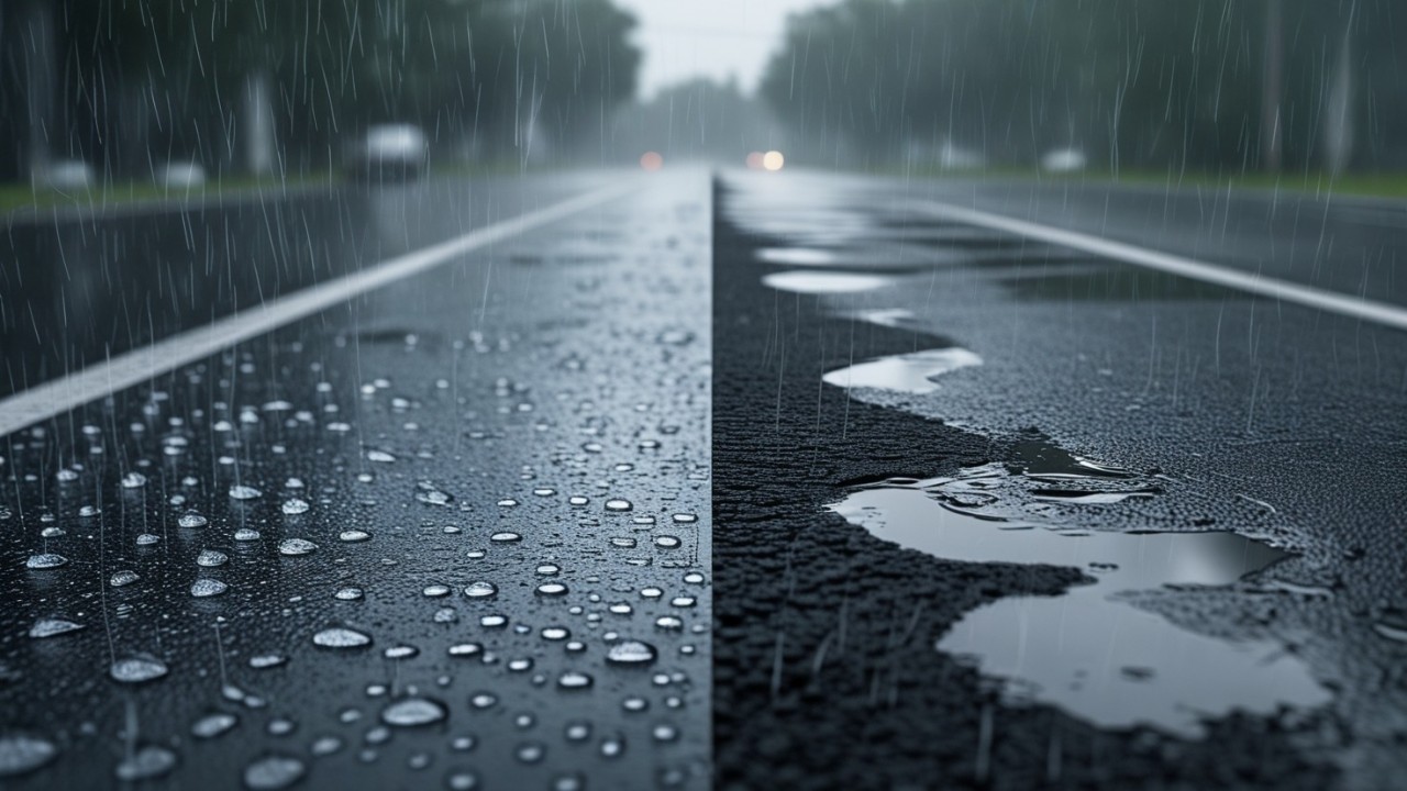 Road with rain and loose asphalt gravel on it